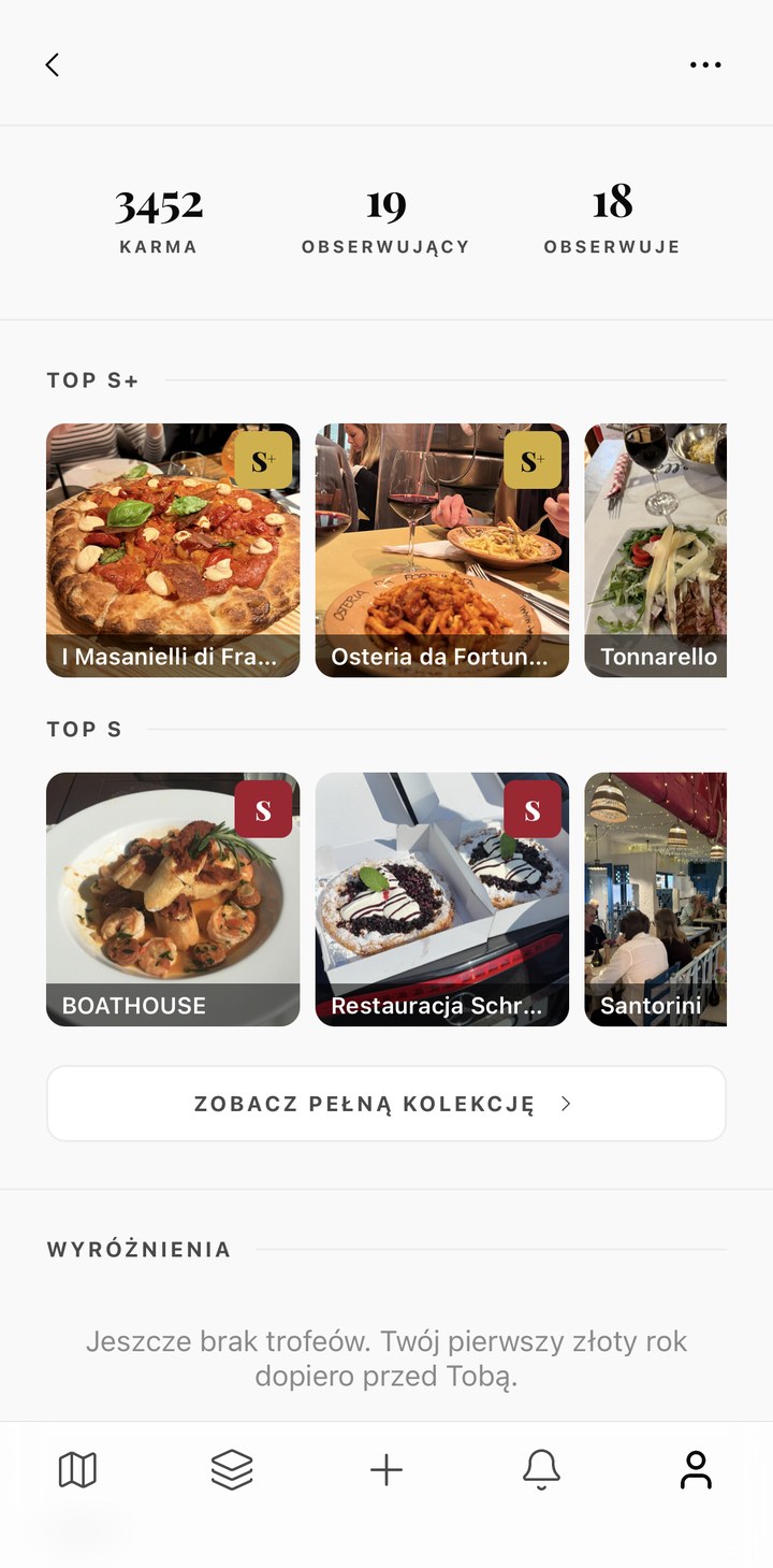 Aplikacja Feasty — profil z kolekcją TOP S+ i TOP S